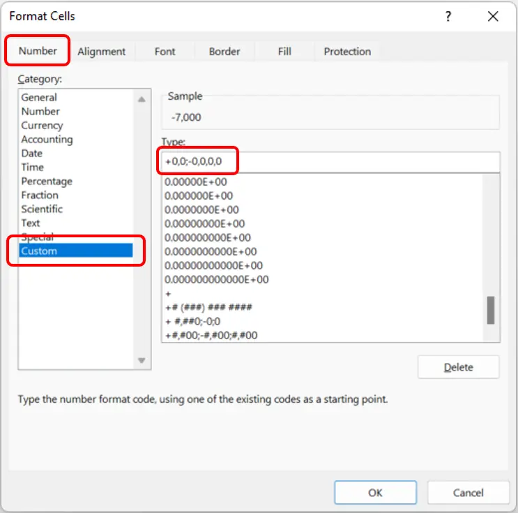 Excel plus sign custom format