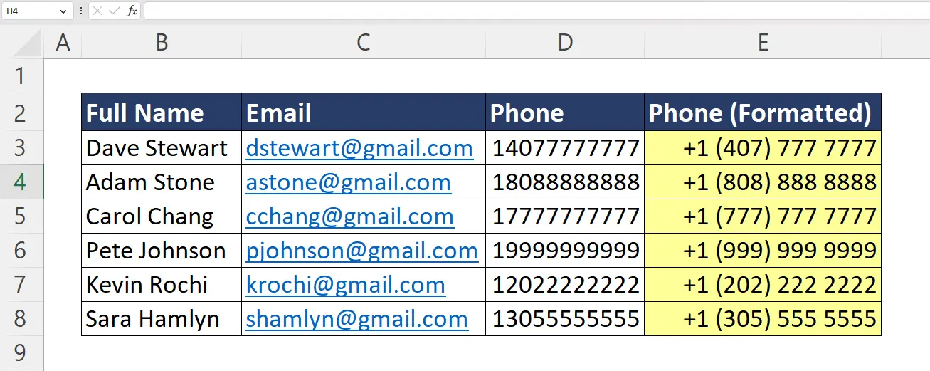 Excel plus sign international phone number format