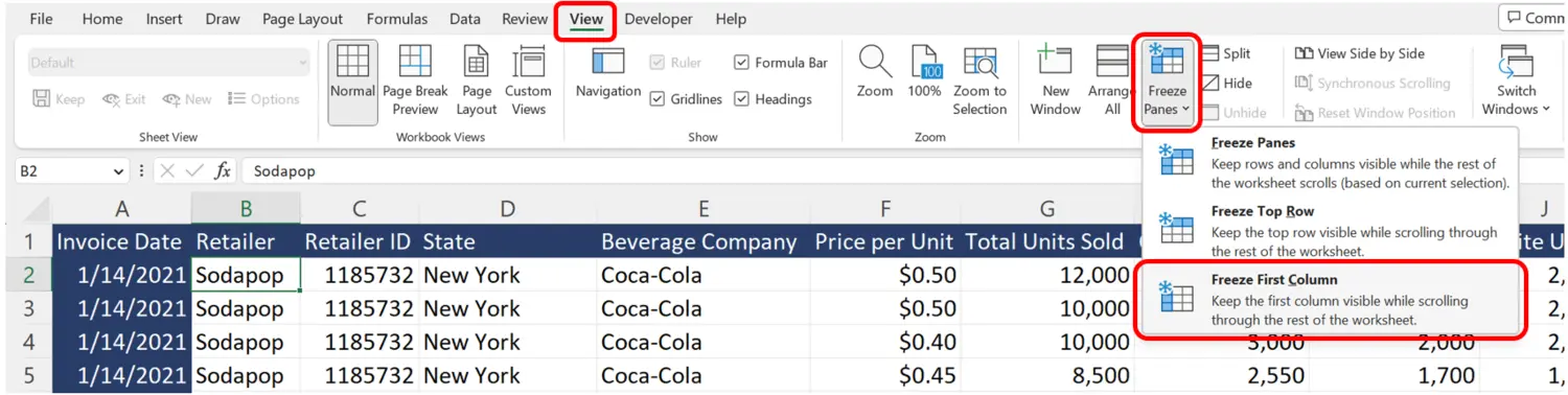 Excel Freeze Column