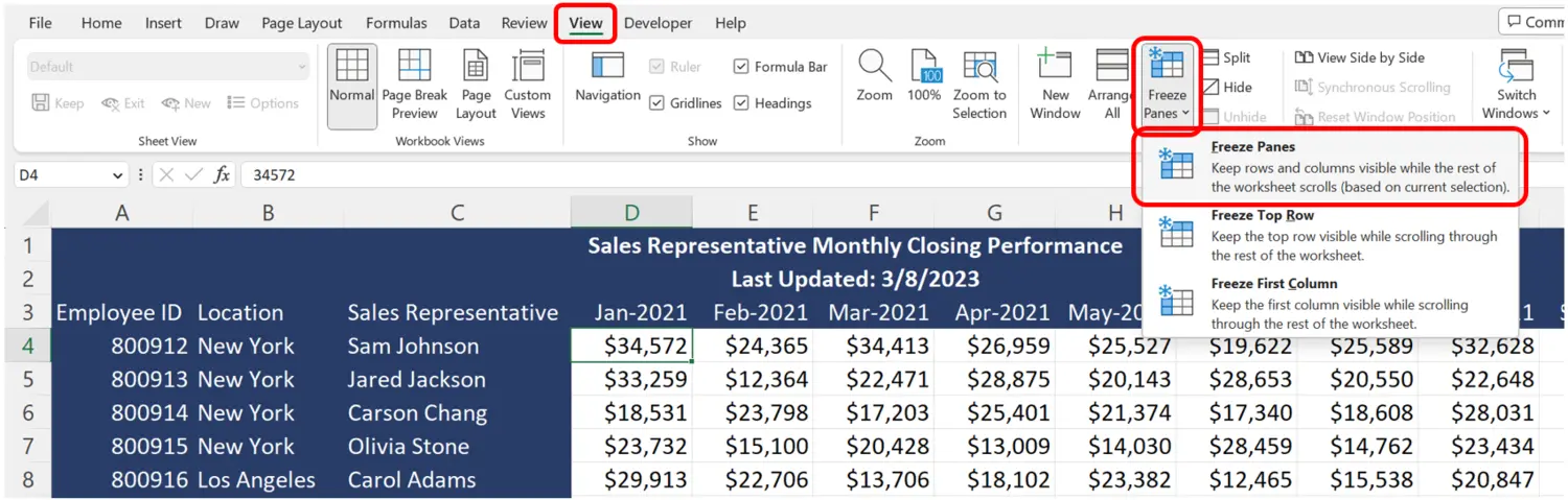 Excel Freeze Rows and Columns