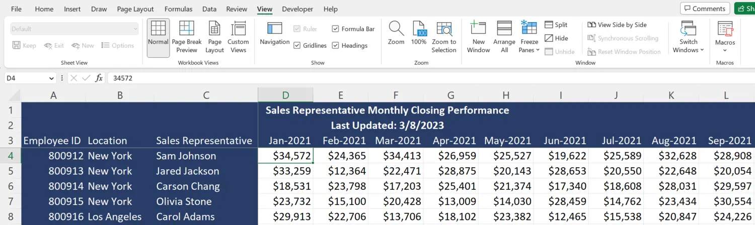 Excel Freeze Panes Example