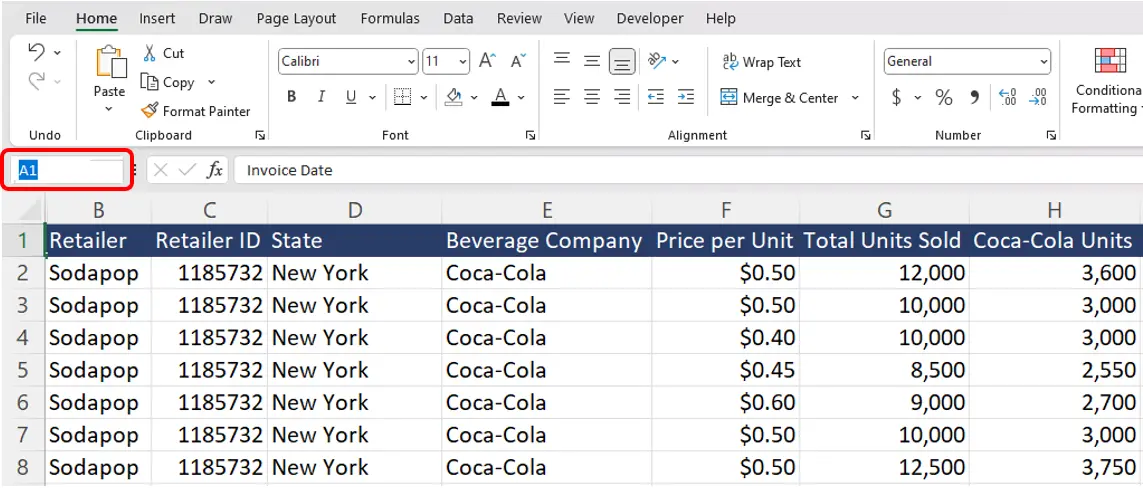 Excel unhide first column example step 1