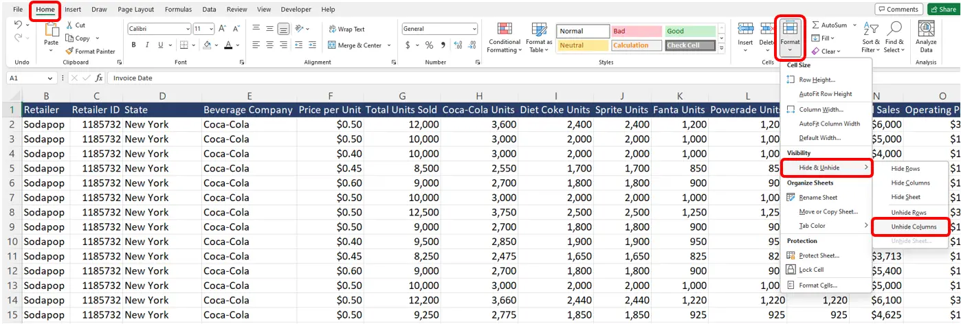 Excel unhide first column example step 2