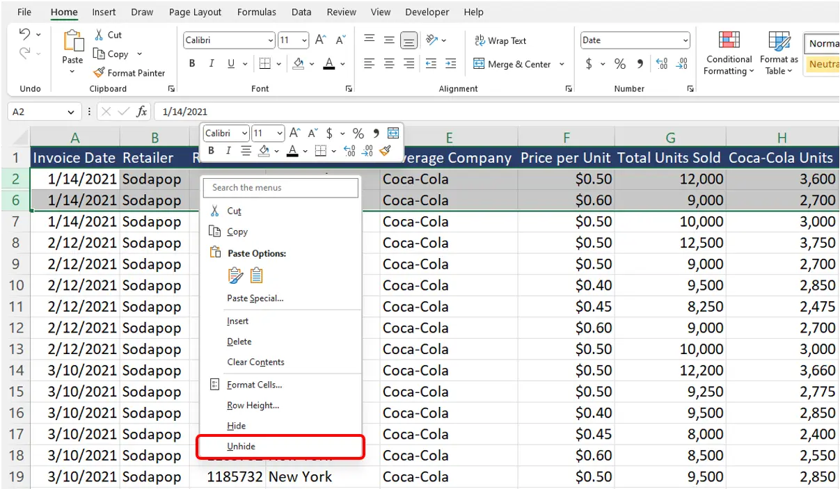 Excel unhide rows example