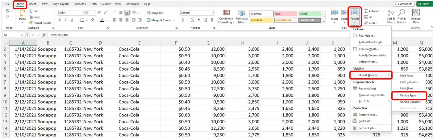 Excel unhide first row example step 2