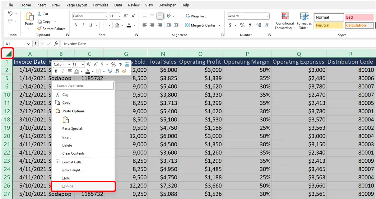 Excel unhide columns and rows