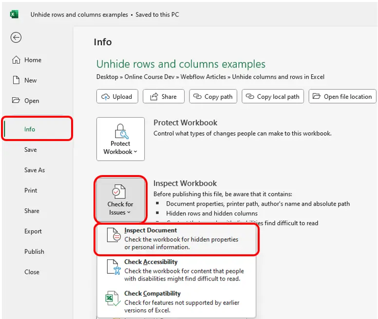 Excel check for all hidden columns and rows step 2