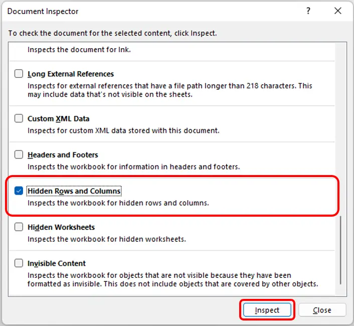 Excel check for all hidden rows and columns step 3