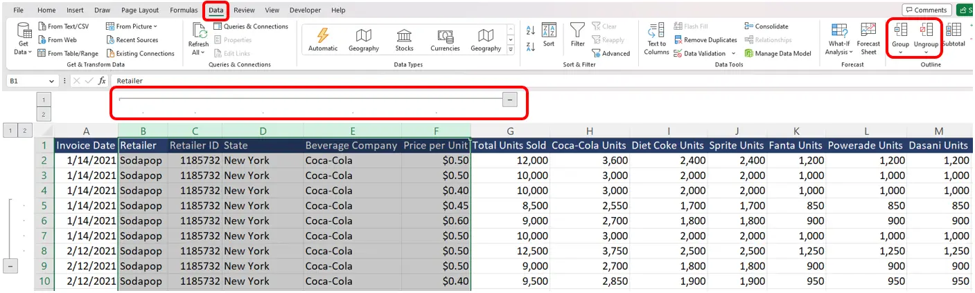 Excel grouping example