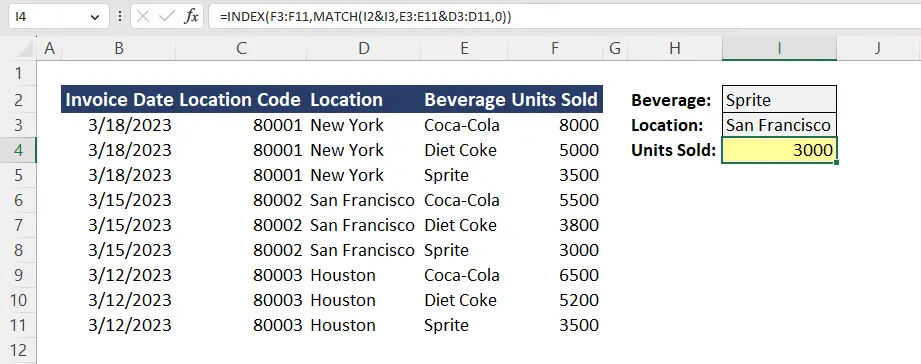 Example INDEX MATCH multiple row criteria