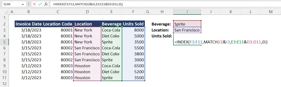 Example INDEX MATCH multiple row criteria formula