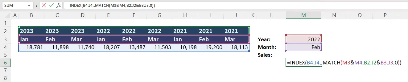 Example INDEX MATCH multiple column criteria formula