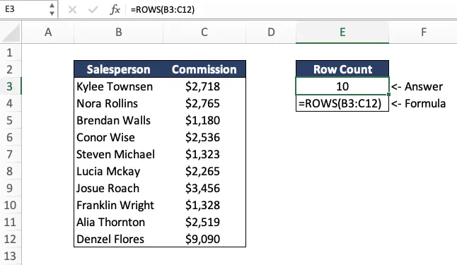 Calculating the row count of an excel table