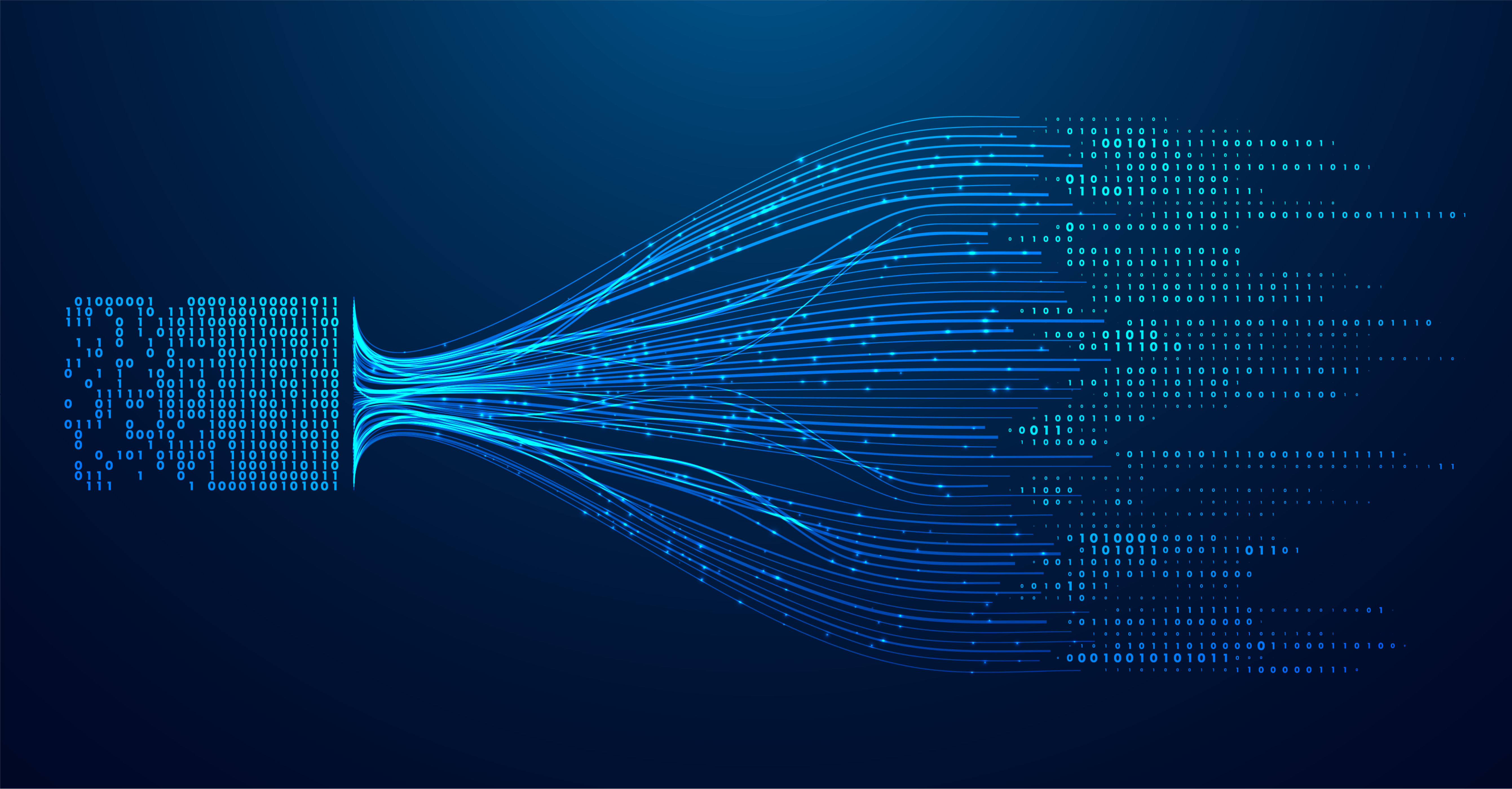 Illustrasjon av datastrøm: binære tall (0 og 1) som flyter fra venstre side gjennom mange blå lyslinjer og sprer seg utover til høyre, som symboliserer digital dataoverføring eller databehandling.