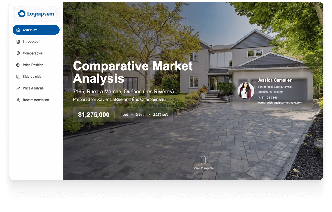 Tableau de bord d'analyse comparative du marché avec IA pour la propriété 7165 Rue La Marche Québec affichant une évaluation de 1 275 000 $ avec 4 lits 3 salles de bain 2 275 pieds carrés de détails.