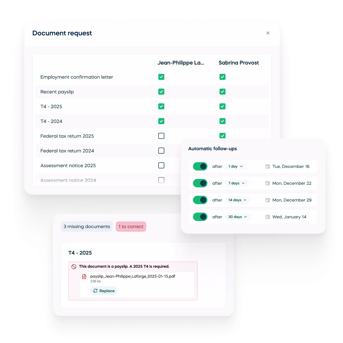 Interface de demande de documents affichant les documents remplis et en attente pour deux utilisateurs, avec des boutons de suivi automatique réglés sur 1, 7, 14 et 30 jours, et une notification de document manquant pour un formulaire T4 2025 requis.