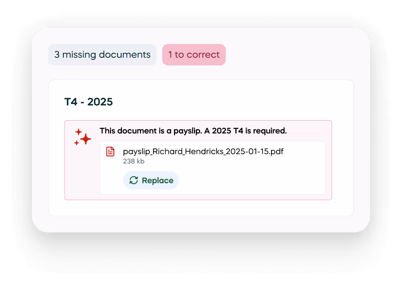 Interface affichant 3 documents manquants et 1 à corriger ; un message en surbrillance pour T4 - 2025 indique qu'un document de fiche de paie a été téléchargé, mais qu'un T4 2025 est requis, avec une option permettant de remplacer le fichier.