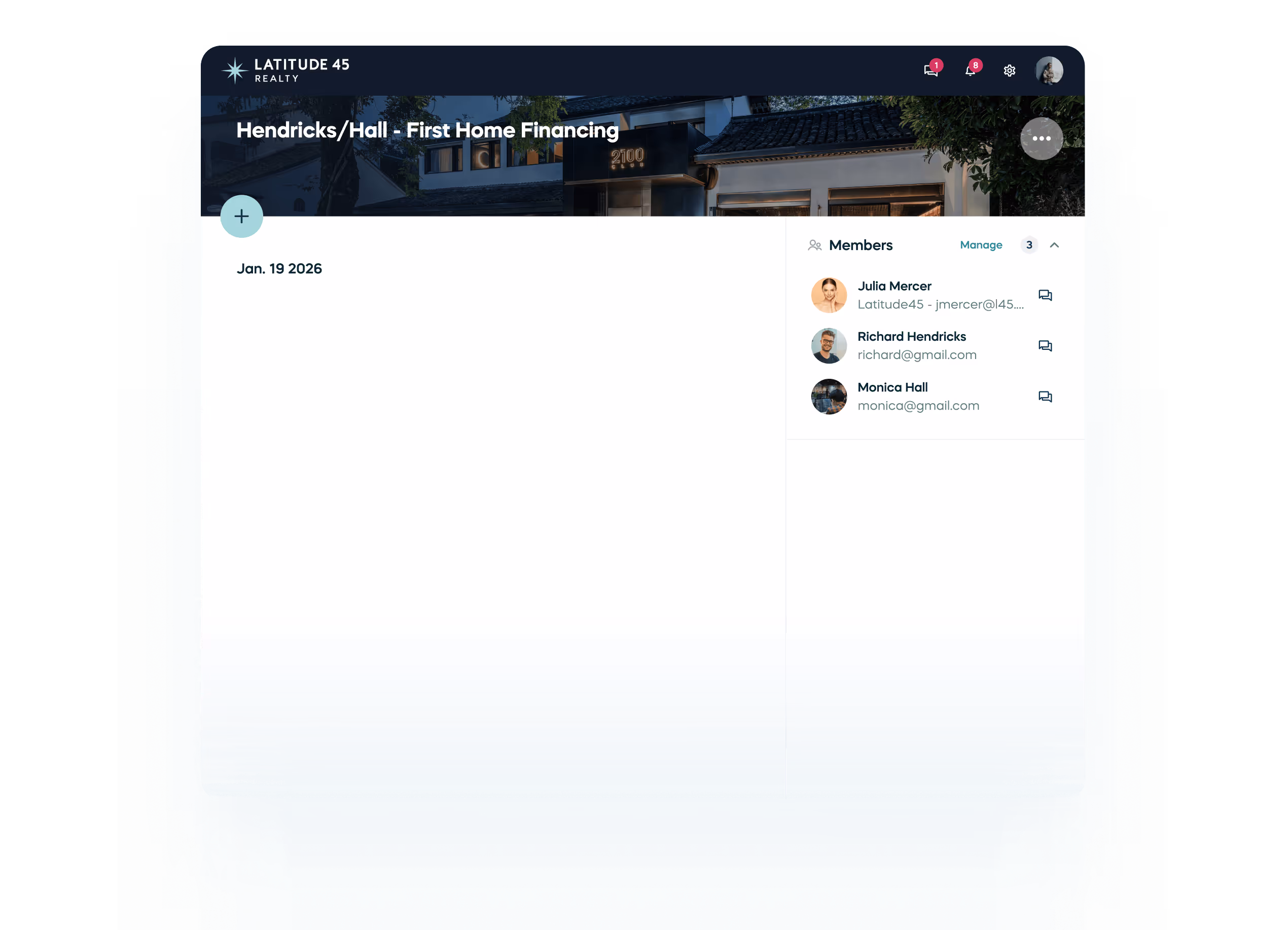 WelcomeSpaces de marque (portail client) intitulé « Hendricks/Hall - First Home Financing » avec trois membres répertoriés, accompagnés de leurs adresses e-mail et photos de profil.