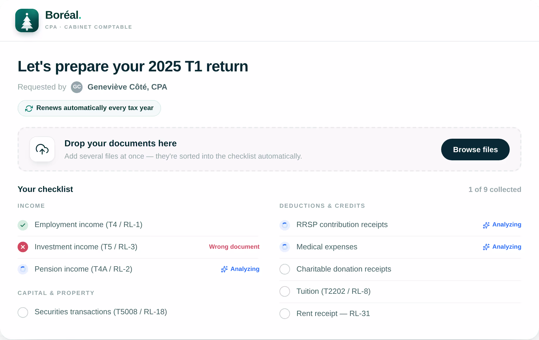 Tax document upload interface with checklist for 2025 T1 return showing status of income and credit files.