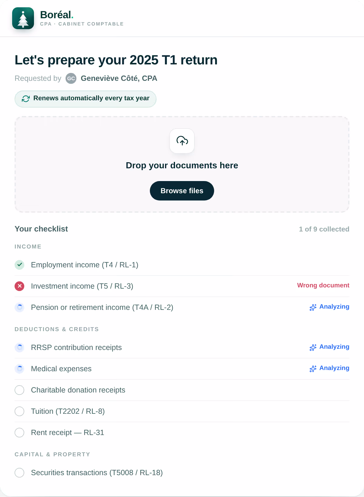 Tax return upload page with checklist showing documents requested and uploaded, some analyzing, one wrong.