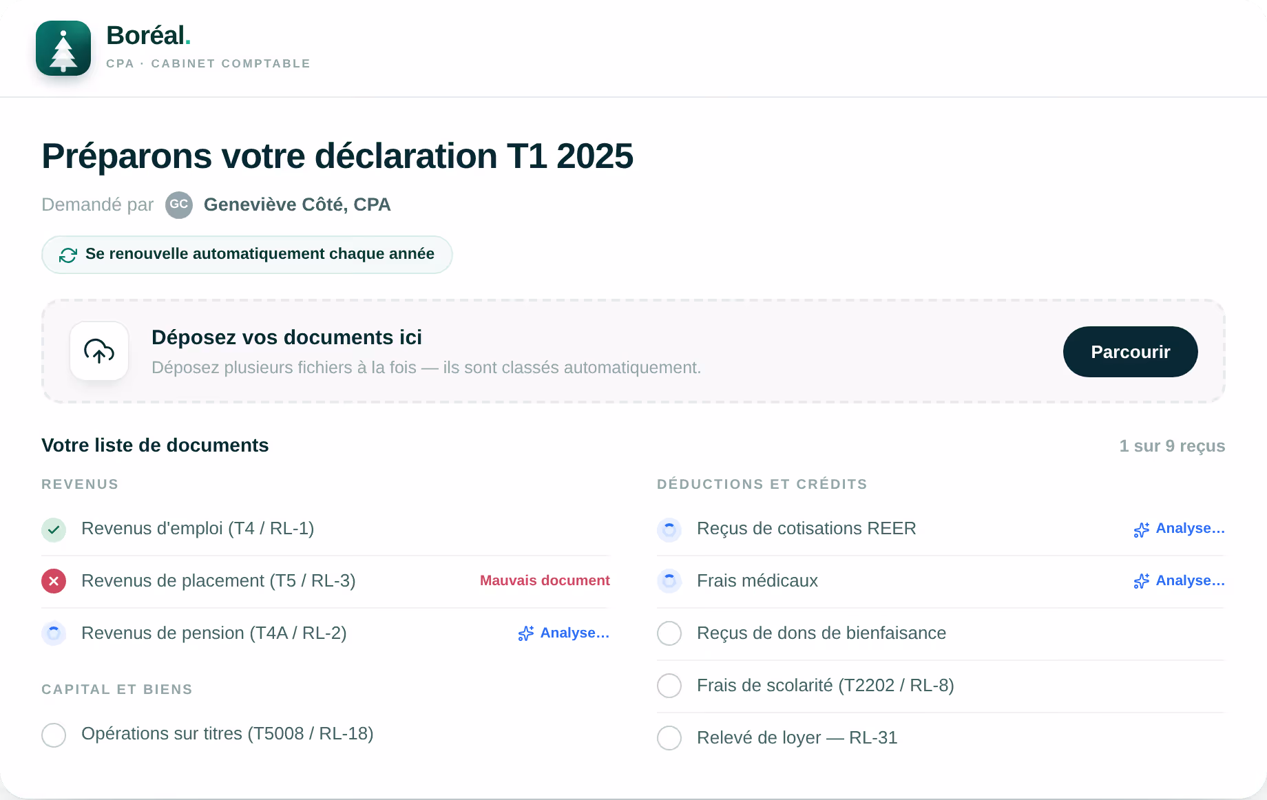 Interface de téléchargement des documents fiscaux avec liste de contrôle pour la déclaration T1 de 2025, indiquant le statut des fichiers relatifs aux revenus et aux crédits d'impôt.