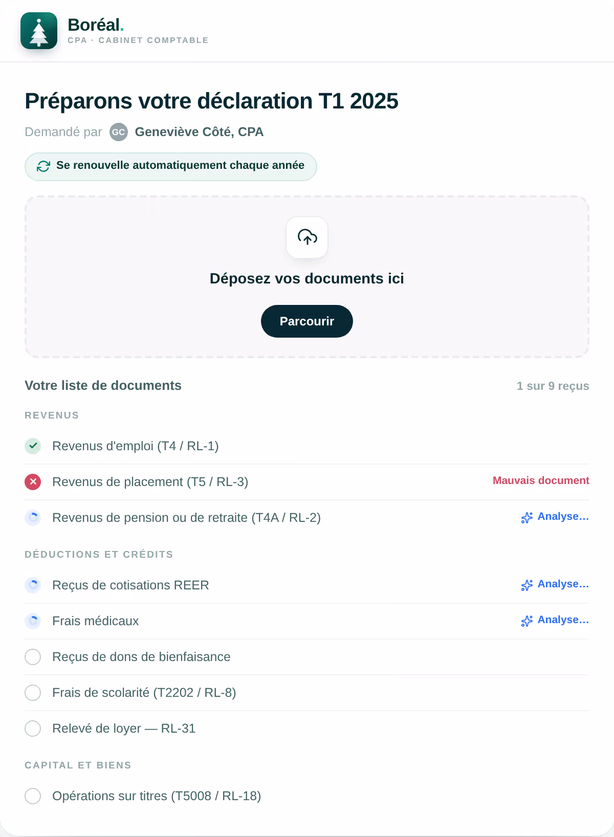 Page de téléchargement des déclarations d'impôts avec une liste de contrôle indiquant les documents demandés et ceux qui ont été téléchargés ; certains sont en cours d'analyse, un est erroné.