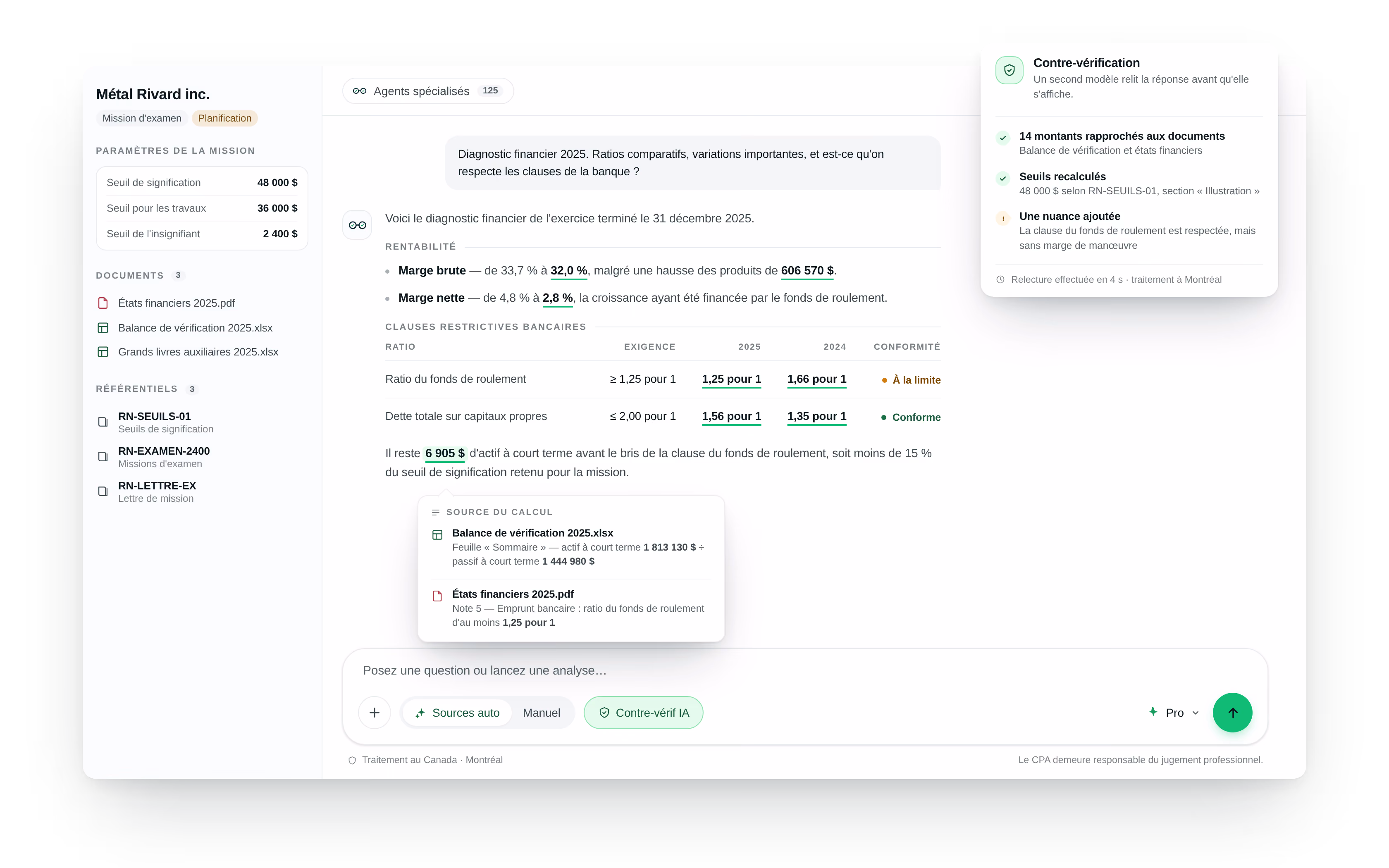 L'IA de Welters signale que le ratio de liquidité générale d'un client se situe exactement à la limite de 1,25, chaque chiffre étant associé au document source dont il est issu.