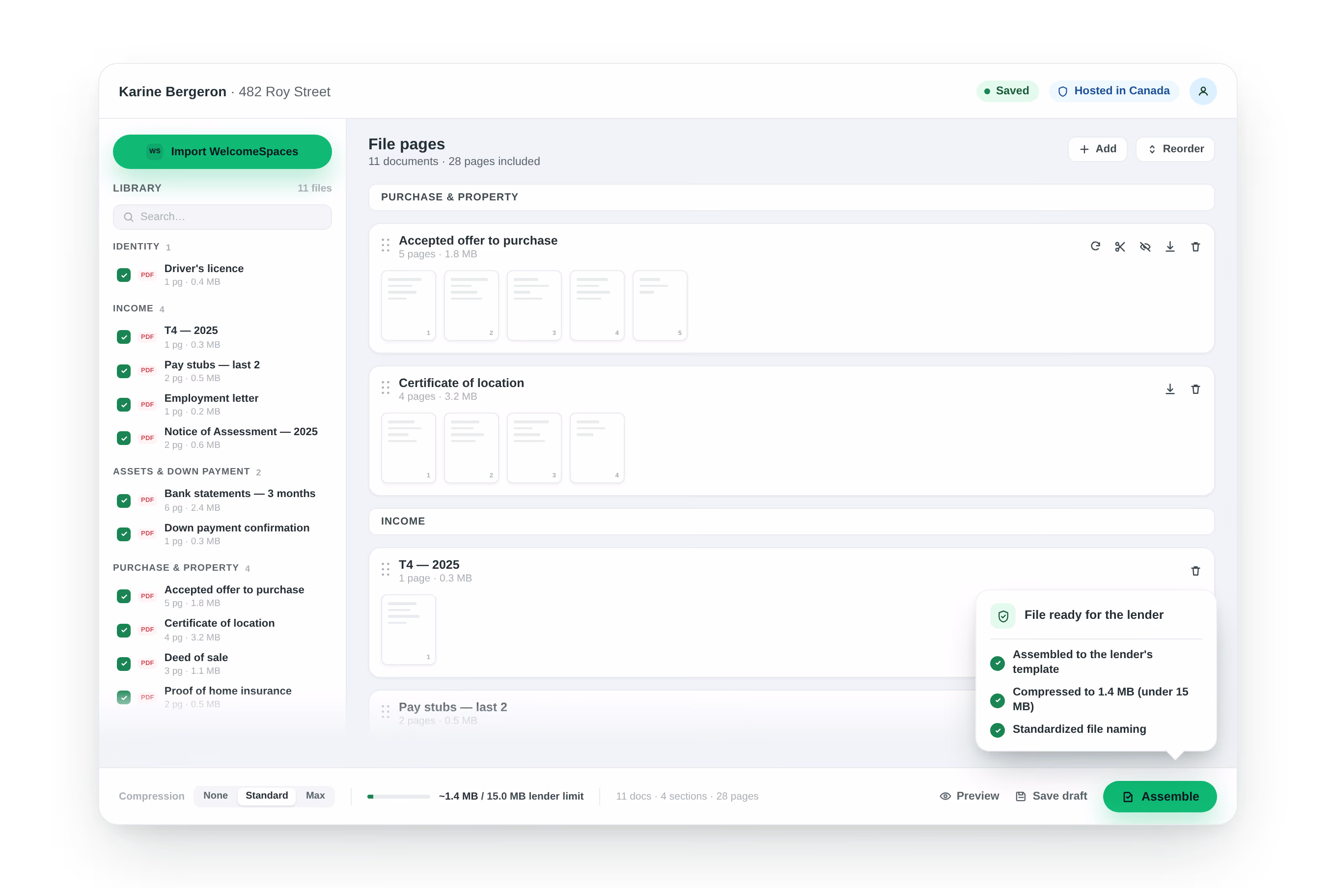 Document management interface showing imported files grouped by category for assembling a lender-ready file.