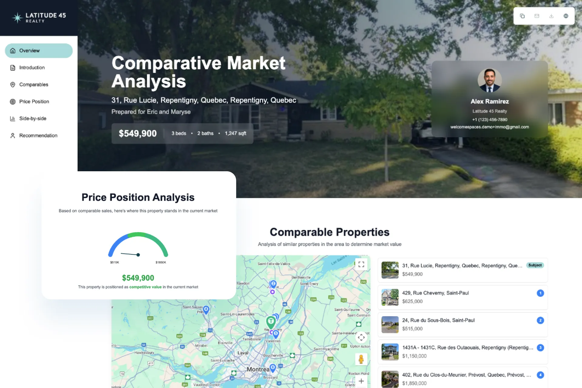 WelcomeSpaces comparative market analysis with price position gauge, map and comparables for a Repentigny listing