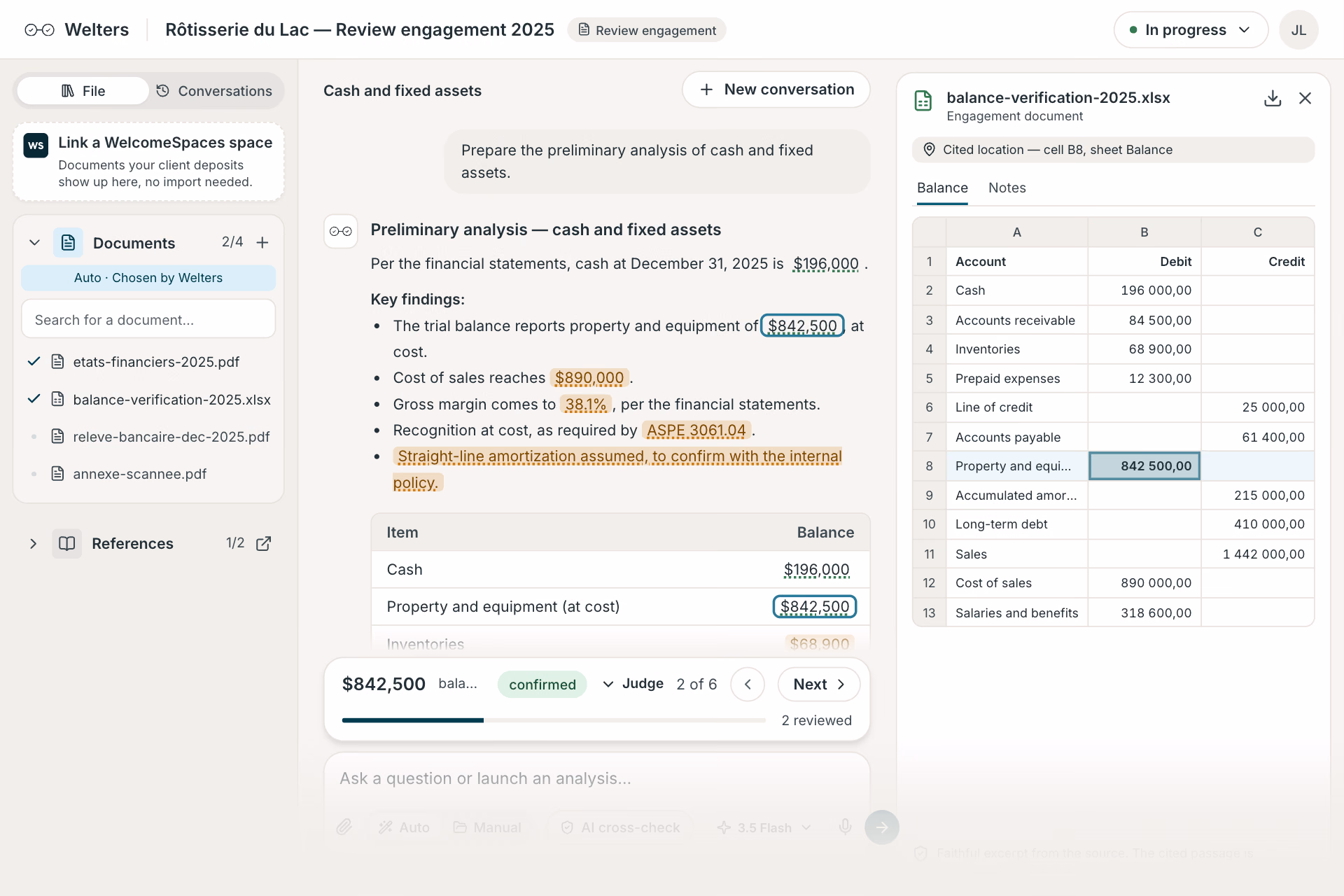 Welters AI workspace for a CPA review engagement: a preliminary analysis of cash and fixed assets, each figure cited to the trial balance