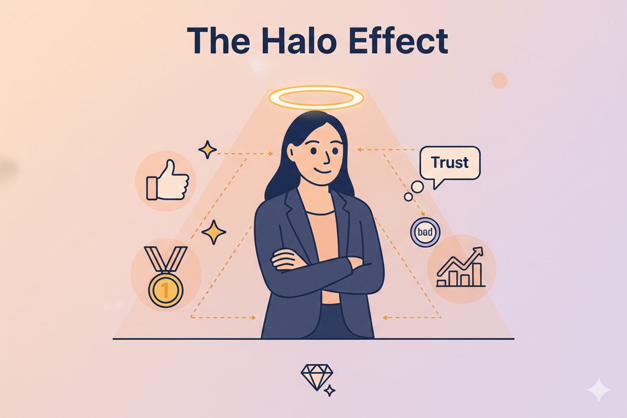 An image illustrating the Halo Effect in a branding strategy, where a premium visual identity builds immediate trust and authority with B2B prospects.