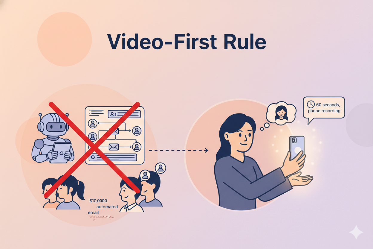 A visual representation of the Video-First Rule, showing a rejection of expensive $10,000 automated email sequences in favor of a personal 60-second phone recording to build trust with specific niche clients. | Bamozz