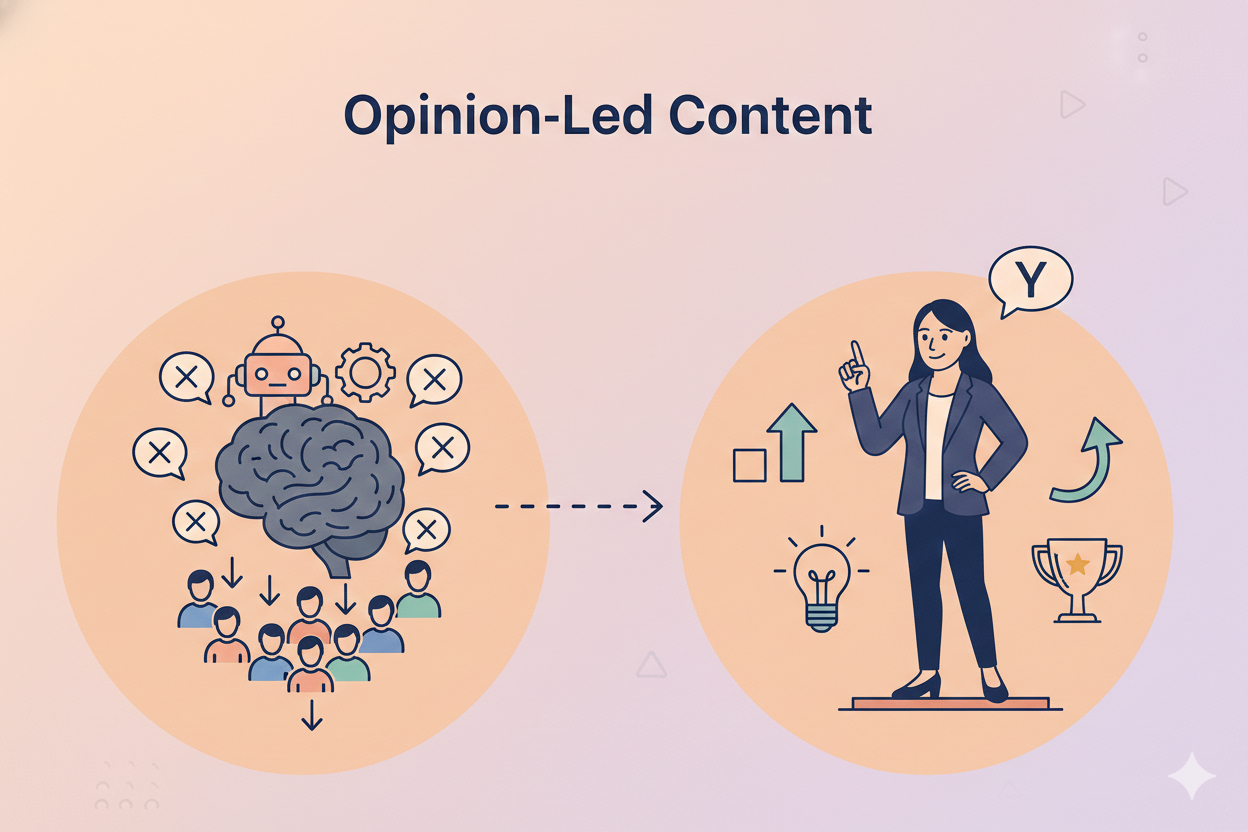 An illustration of opinion-led content strategy comparing robotic, AI-generated consensus that leads to generic results with a human specialist offering a unique "Y" perspective to achieve business growth and authority. | Bamozz