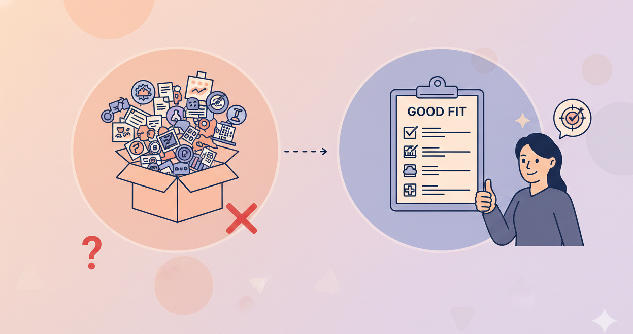 An infographic illustrating niche marketing and lead generation strategy. On the left, a box overflows with chaotic, mismatched icons marked with a red "X" and a “?.” An arrow leads to the right, showing a professional character with a "Good Fit" checklist, representing industry-specific alignment and clear business focus. | Bamozz