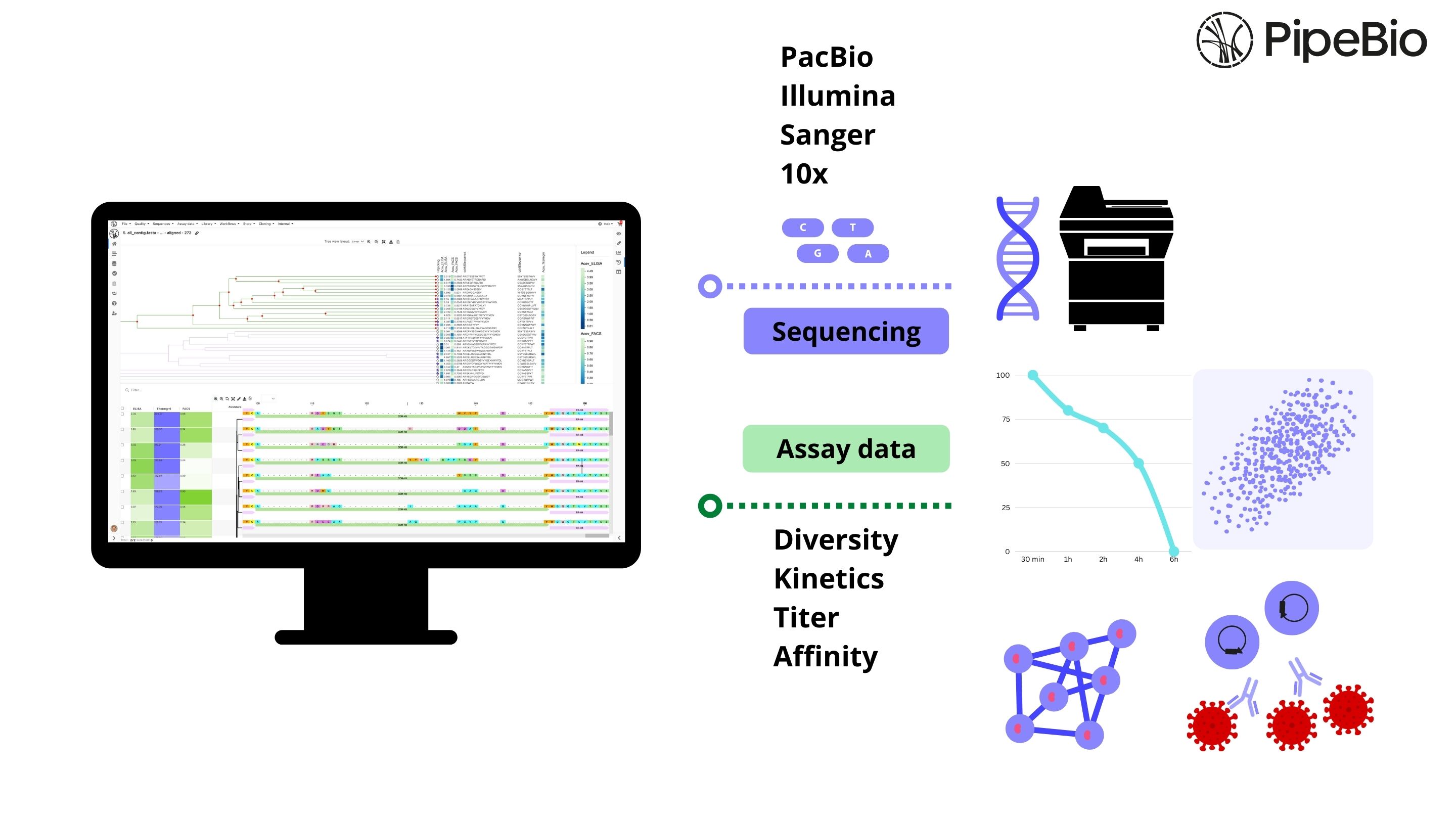 An illustration of NGS and Sanger sequencing data and functional assay data being imported to the PipeBio bioinformatics platform for joint analysis