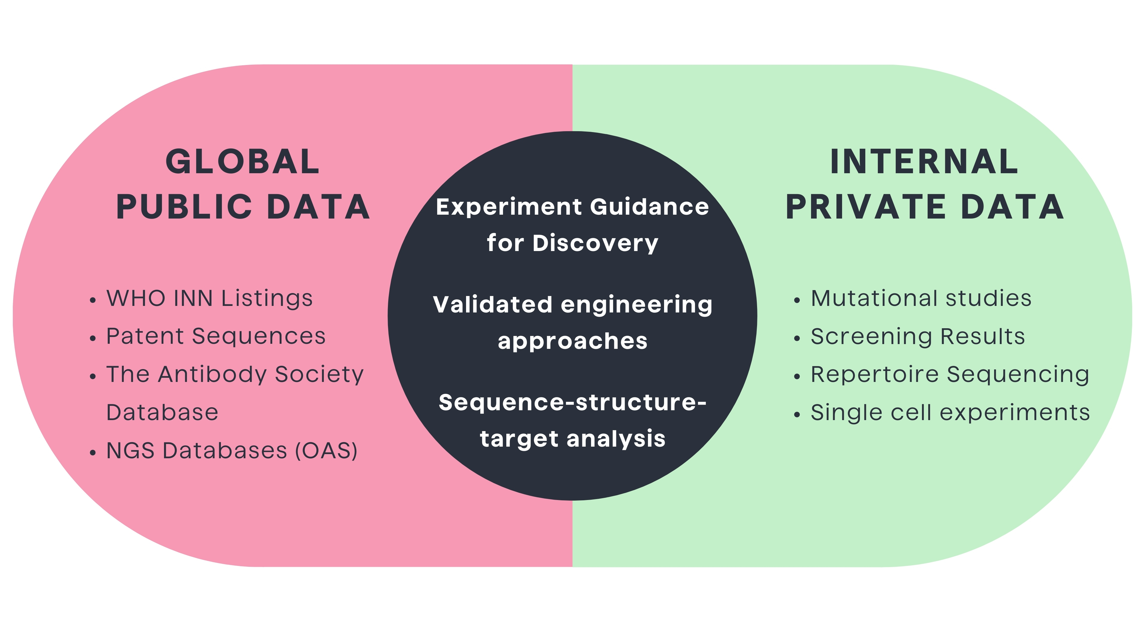 Venn diagram showing how public and internal antibody data can be used to accelerate antibody discovery and development pipelines. 