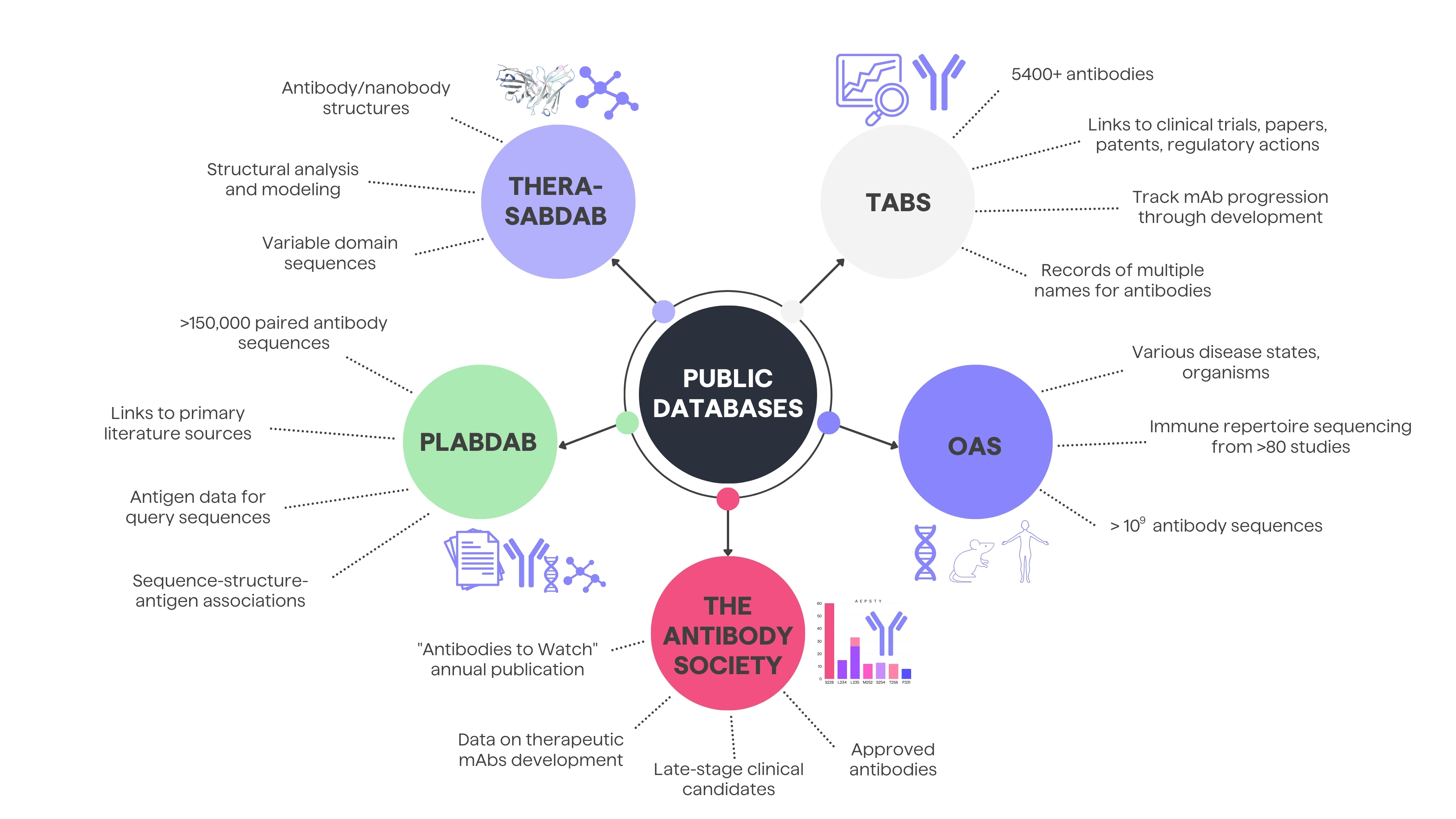 Treemap diagram that lists antibody databases including Thera-SAbDAb, Tabs (by Craic Computing), Observed Antibody Space (OAS), The Antibody Society and PLAbDAb. The diagram includes descriptions of the features of each database.