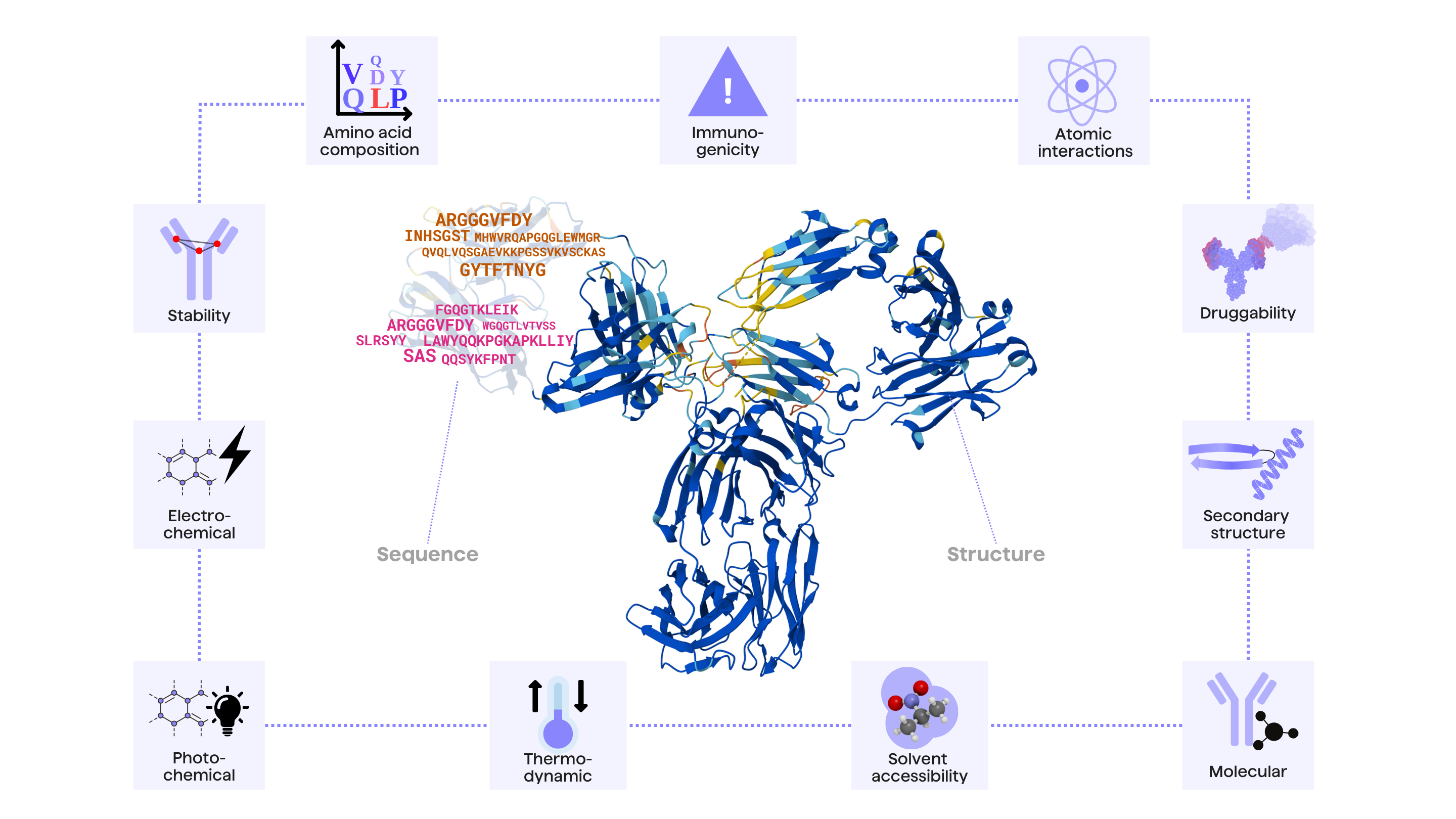 Antibody developability parameters, including Solvent accessibility, Thermodynamic, Amino acid composition, Immunogenicity, Druggability, Atomic interactions, Secondary structure, Molecular, Photo-chemical, Electrochemical, Stability, Structure and Sequence surrounding Pembrolizumab monoclonal antibody crystal structure (5DK3, Scapin, G., Prosise, W., Reichert, P. (2015), http://doi.org/10.1038/nsmb.3129).