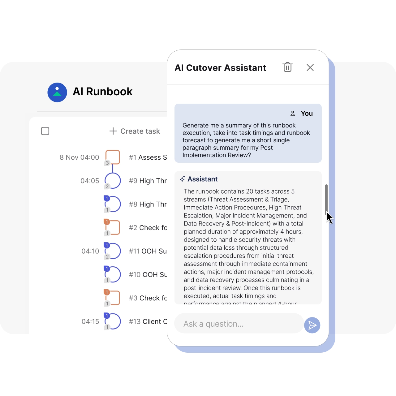 A detailed runbook summary generated by Cutover's AI Assistant