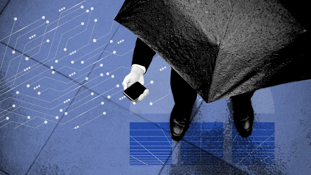 Businessman under a black umbrella in the rain checking his phone, with circuit lines and shield shapes representing cyber defense