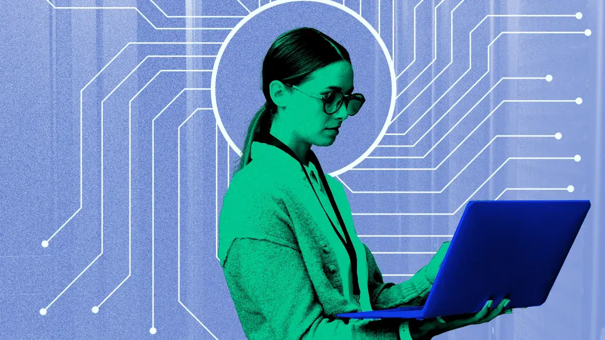 Woman working on a laptop against circuit-board lines, representing IT disaster recovery that executes rather than sits in a binder