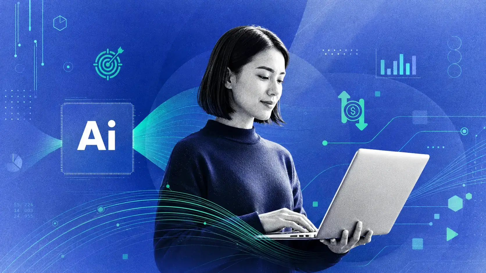 Professional using a laptop with AI and analytics icons, representing cloud disaster recovery planning