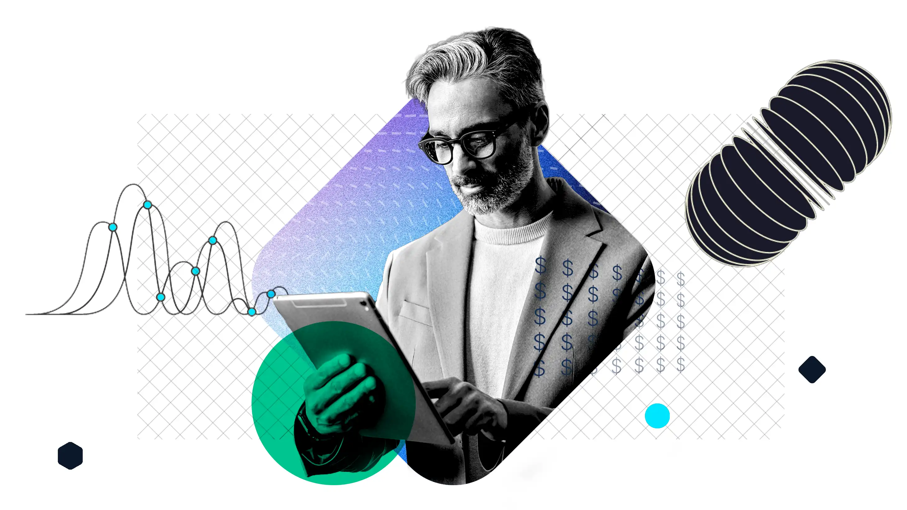 A man in a blazer reading a tablet, set against dollar symbols, a line chart and a grid pattern, representing financial services technology