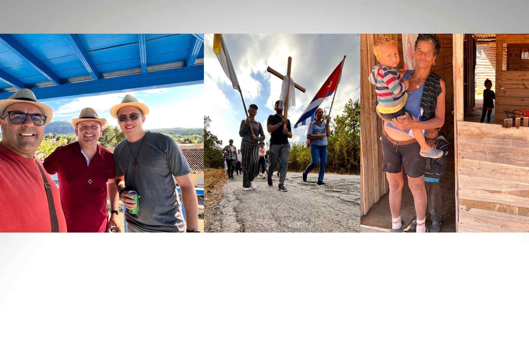 Die drei Patres, eine Prozession und eine Mutter mit ihren Kindern vor ihrer Hütte