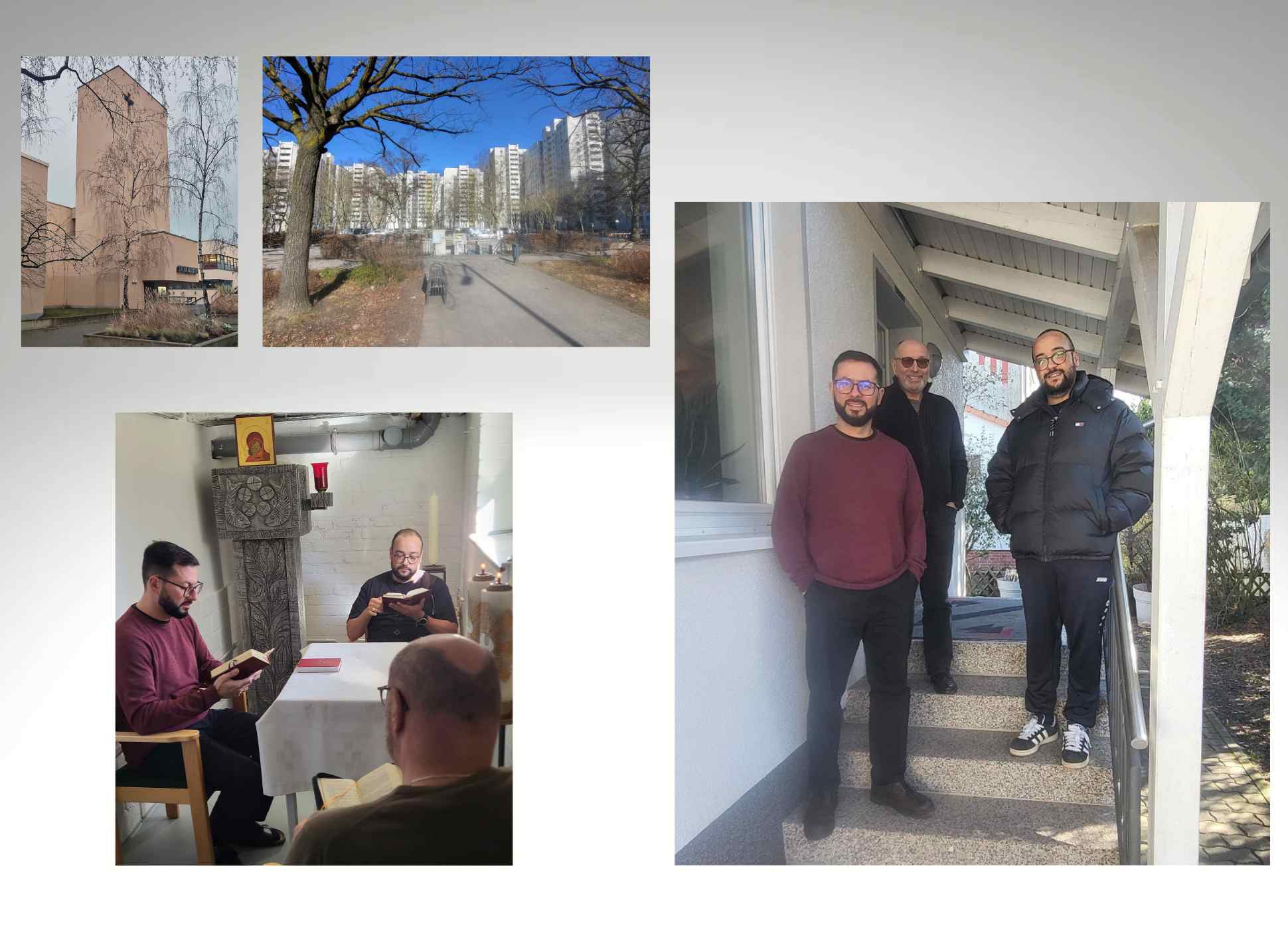 Collage aus den drei Patres vor und im Haus sowie die Umgebung