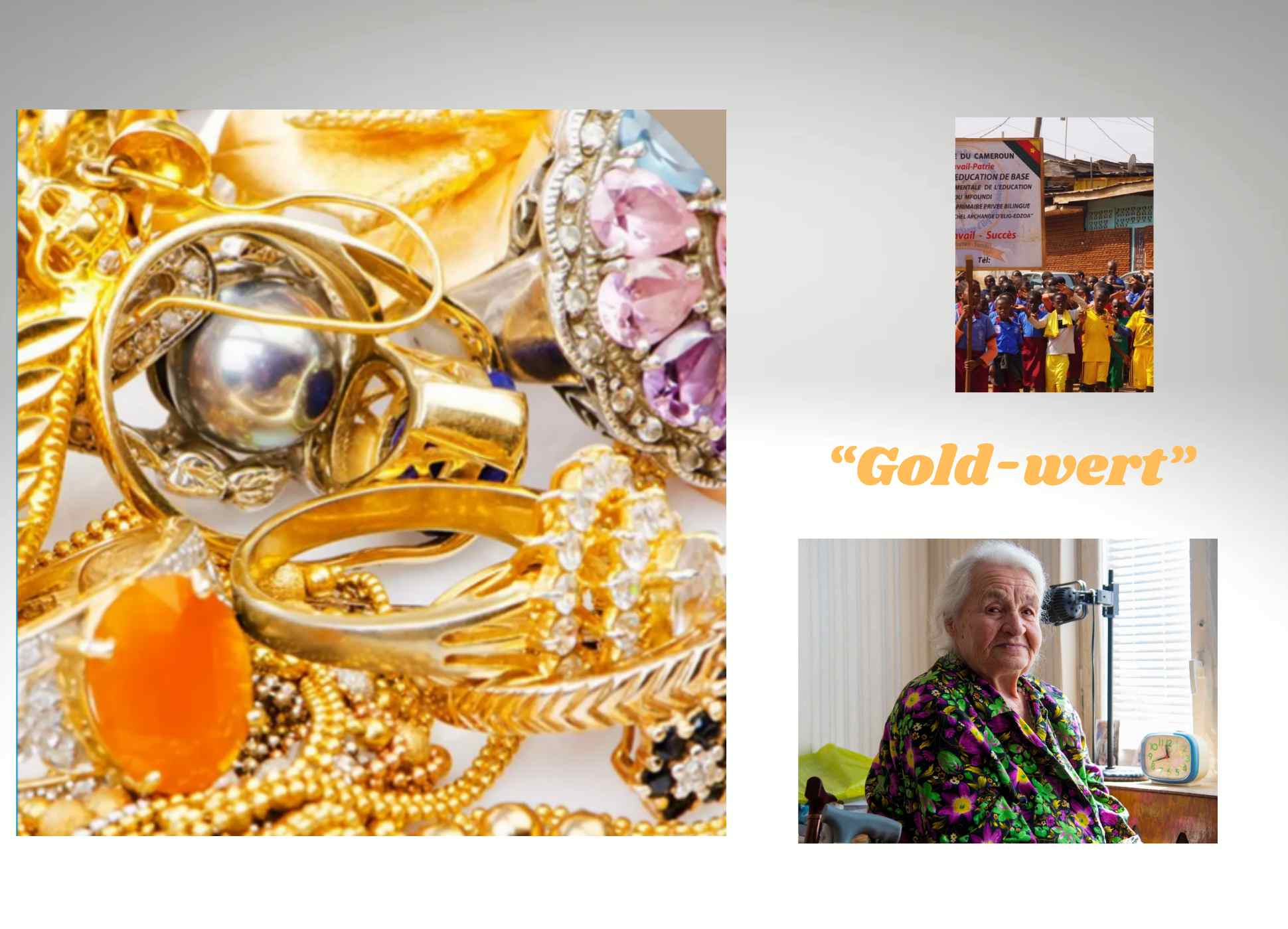 Collage: Schmuck, Kinder in Kamerun und eine alte Dame in Transnistrien