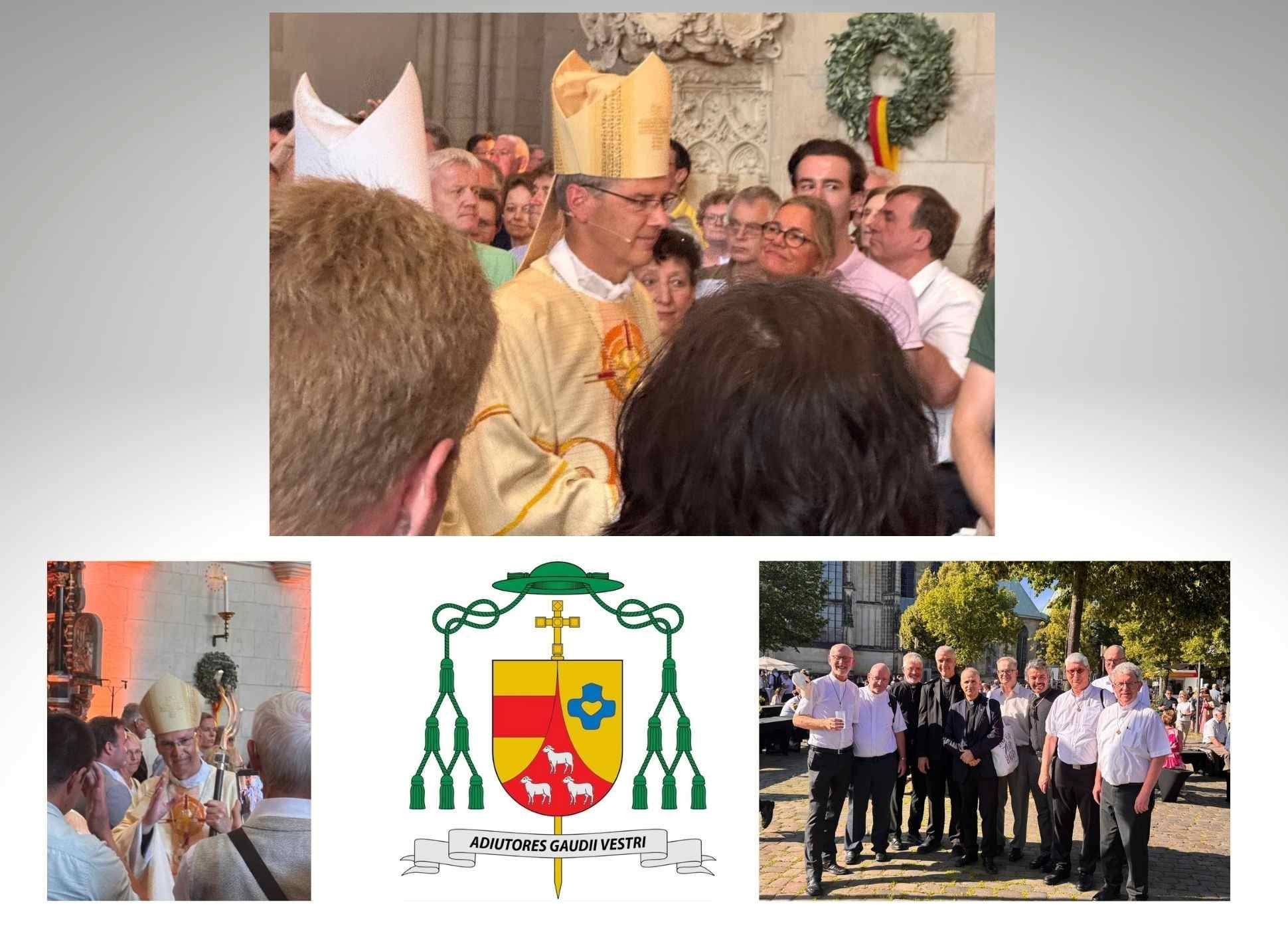 Collage aus der Einführung: Bischof Wilmer, sein Wappen und Grppenbild mit Herz-Jesu-Priestern