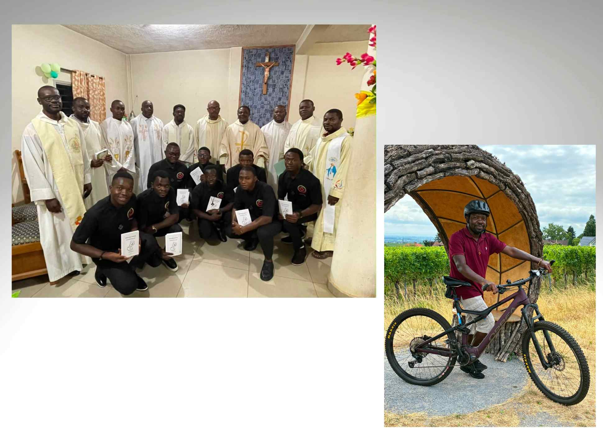 Gruppenbild mit jungen Patres und Pater Francis auf dme Fahrrad