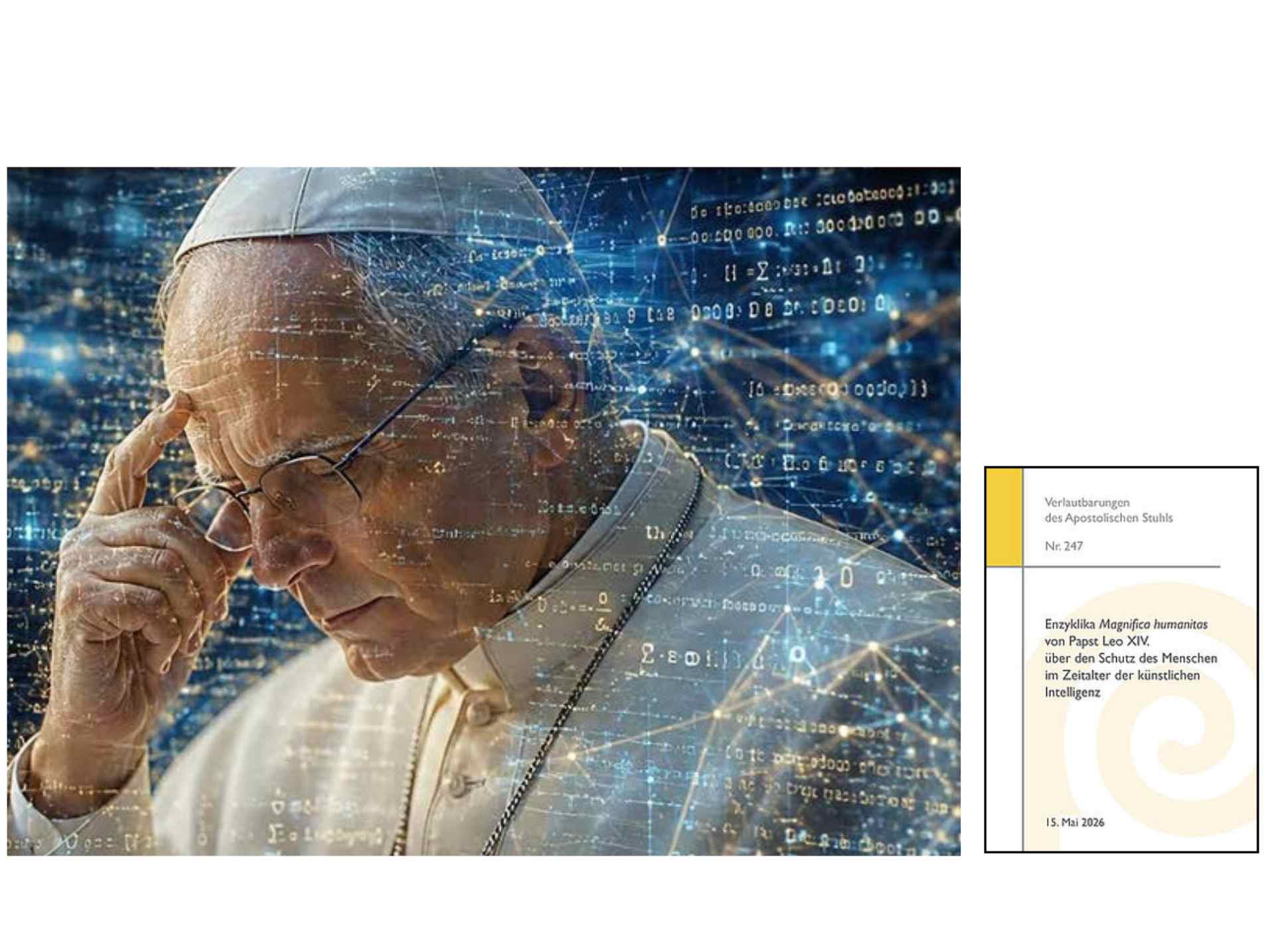 KI-BIld: Der Papst in Denkerpose und Titel der Enzyklika