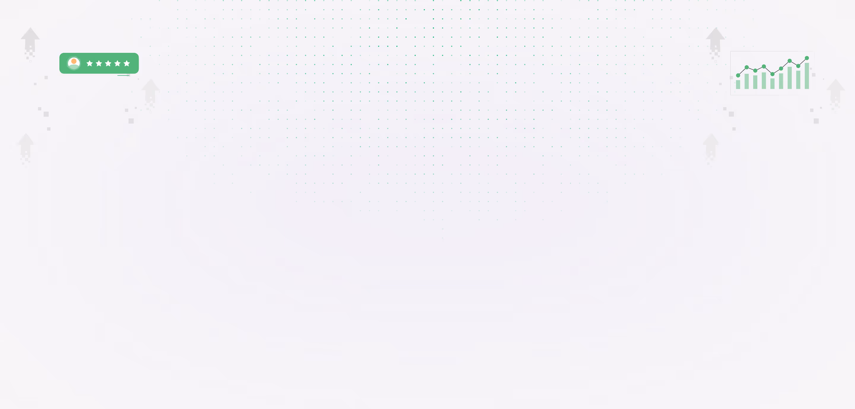Background with subtle green dotted pattern, upward arrows, a five-star rating icon on the left, and a rising bar and line graph on the right.